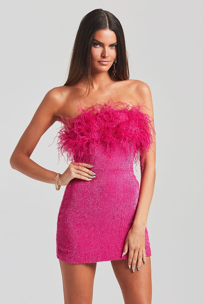 loveedsTM-Sexy backless ostrich feather fringed tube top evening dress