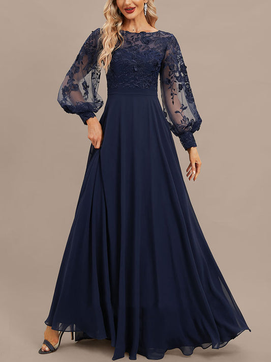 A-line Scoop Illusion Floor-Length Lace Chiffon Evening Dress