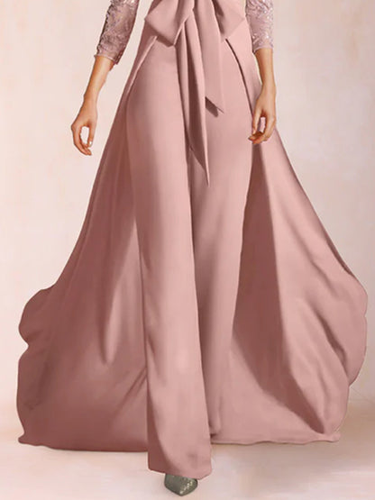 Chiffon V-Neck 3/4 Sleeves Floor-Length Ruched Mother of the Bride Pantsuits with Appliques