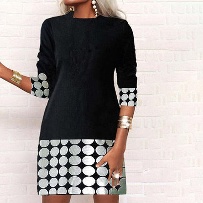 loveedsTM- Elegant Round Neck Geometric Printing Long Sleeve A-line Skirt Autumn Winter New Fashion Patchwork Slim Mini Dress Women