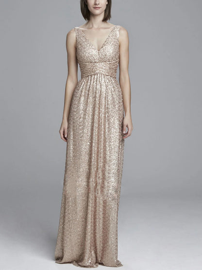V-neck Solid Color Sequins Maxi Dress