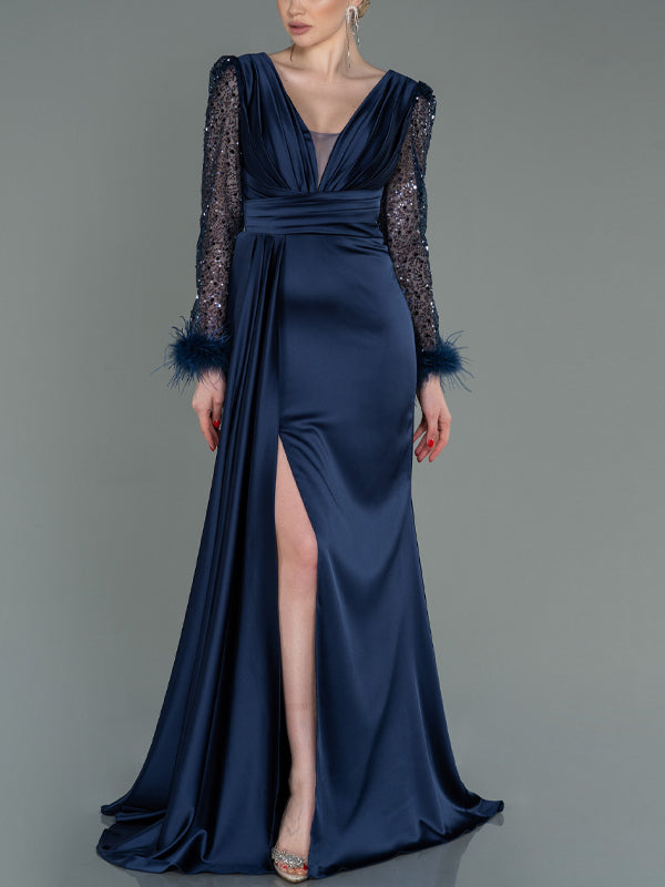 V-neck Long Sleeve Solid Color Maxi Dress