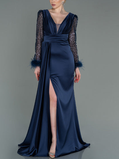 V-neck Long Sleeve Solid Color Maxi Dress