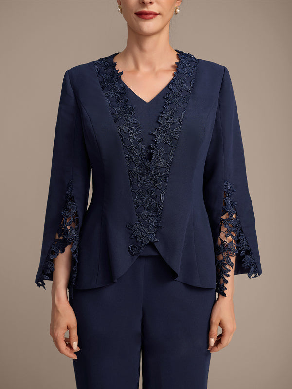 V-Neck Solid Color Short-Sleeved Top And Trousers Three-Piece Suit