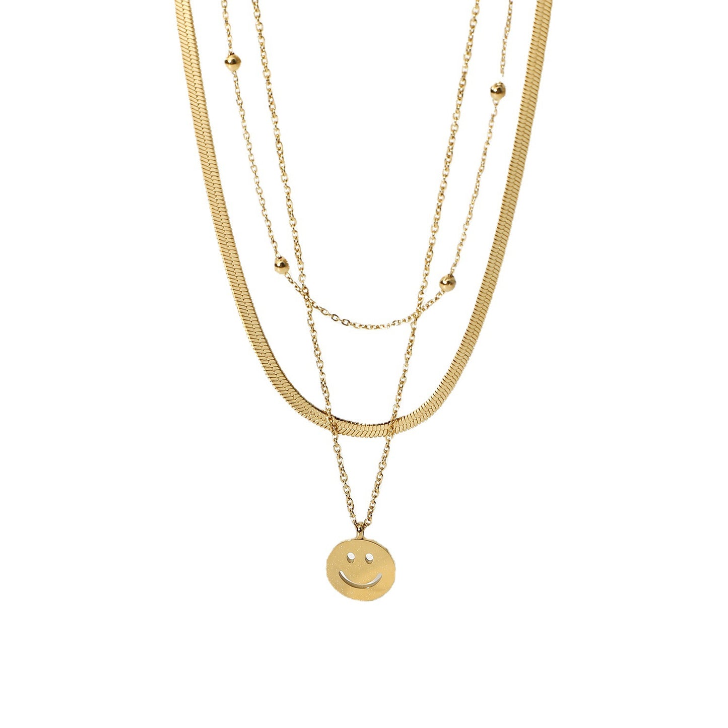 Three Layers Snake Chain Smiley Pendant Necklace