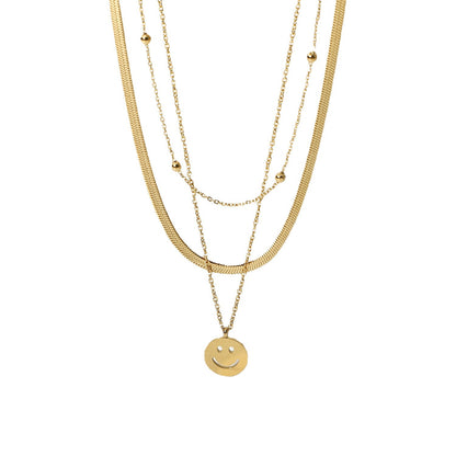 Three Layers Snake Chain Smiley Pendant Necklace