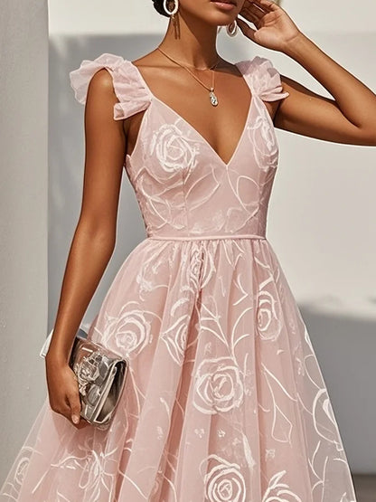 Floral Ruffled Classic V Neck Sleeveless Ruffle Sleeve A-Line Midi Dress