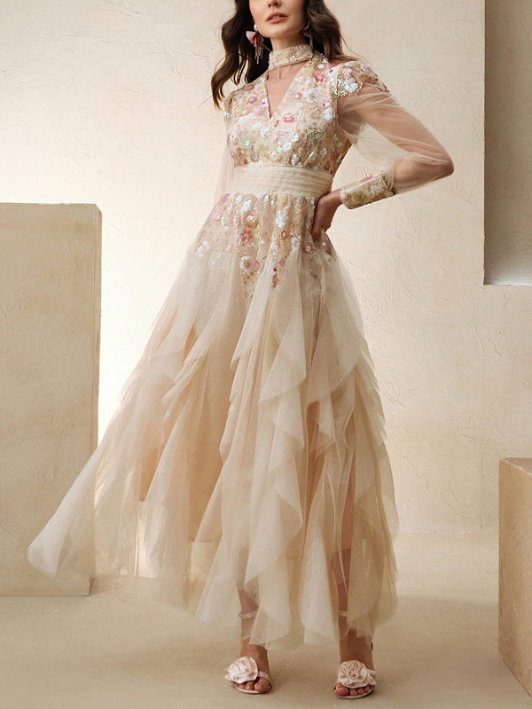 Women's Elegant Colorful Mesh Embroidered Dress