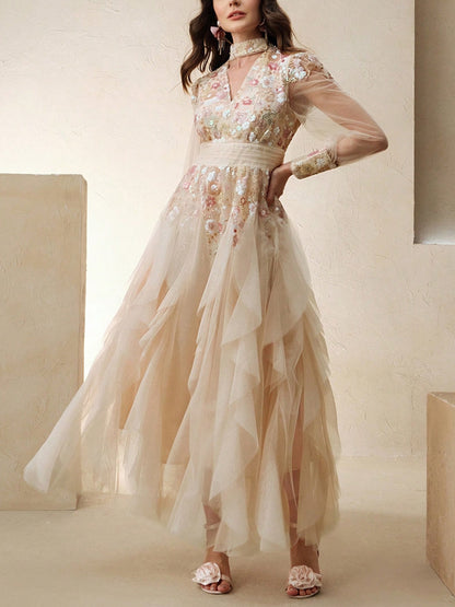 Women's Elegant Colorful Mesh Embroidered Dress