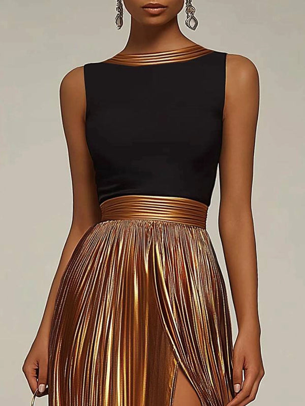 Evening Formal Dress Black-Gold Colorblock Round Neck Pleated Maxi Dress
