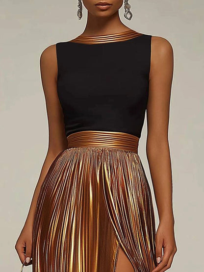 Evening Formal Dress Black-Gold Colorblock Round Neck Pleated Maxi Dress