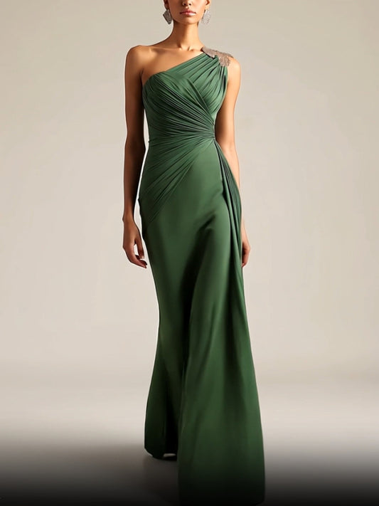 One-Shoulder Ruched Floor-Length Dress