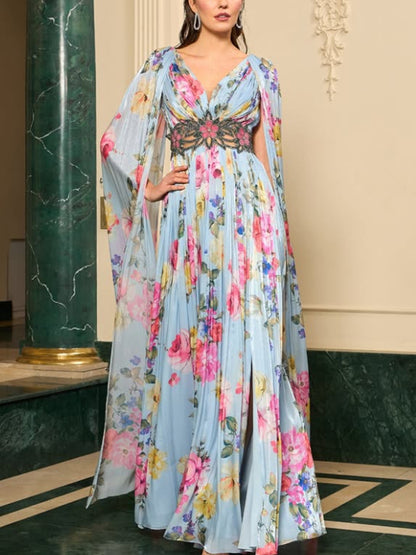 Waist-hugging Chiffon Print Party Dress