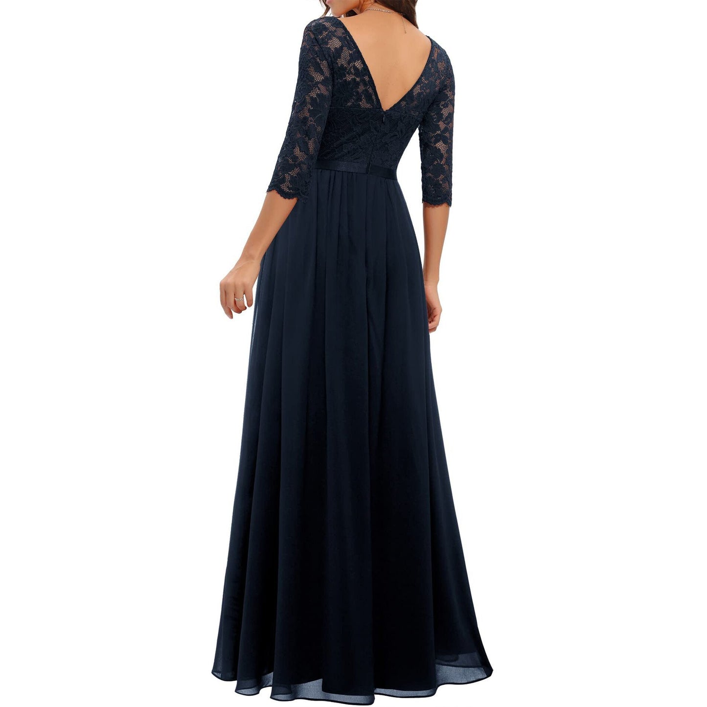 loveedsTM- Women&#39;s Elegant Vintage V Neck 3/4 Sleeve Floral Lace Chiffon Wedding Bridesmaid Maxi Dress Long Formal Dresses