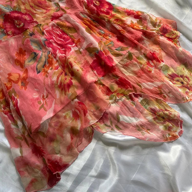 Orange Elegant Floral Long Chiffon Ball Gown Evening Dress Party Dress Prom Dress gh4236