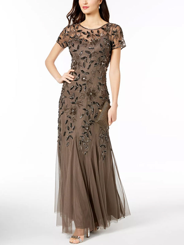 Round Neck Solid Sequin Midi Dress