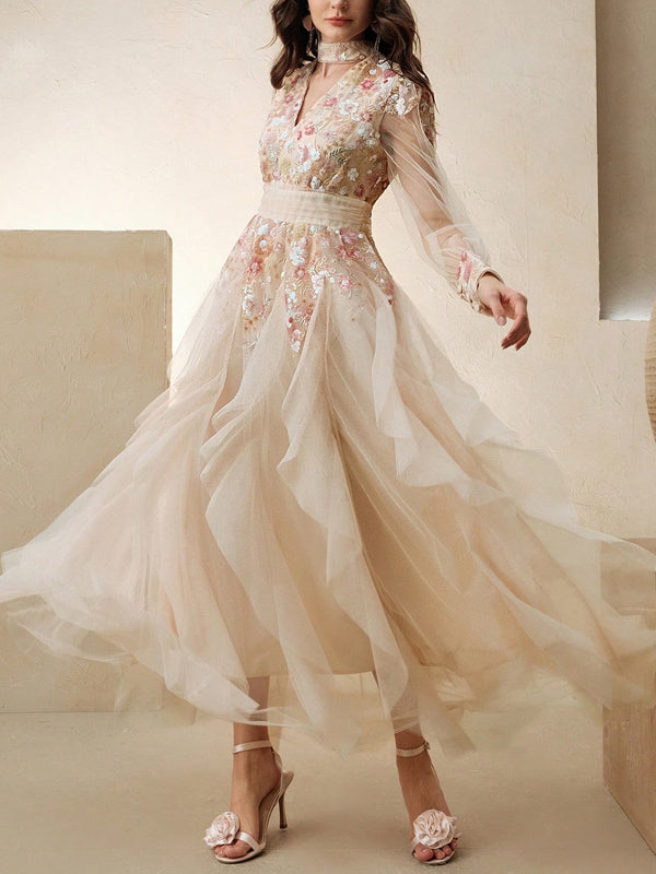 Women's Elegant Colorful Mesh Embroidered Dress