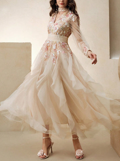 Women's Elegant Colorful Mesh Embroidered Dress