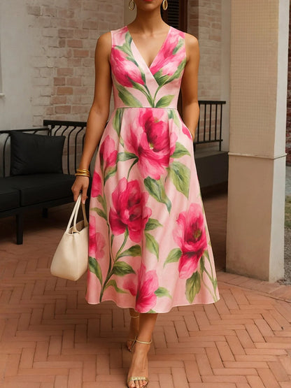 Elegant Floral Printing V Neck Midi Dress