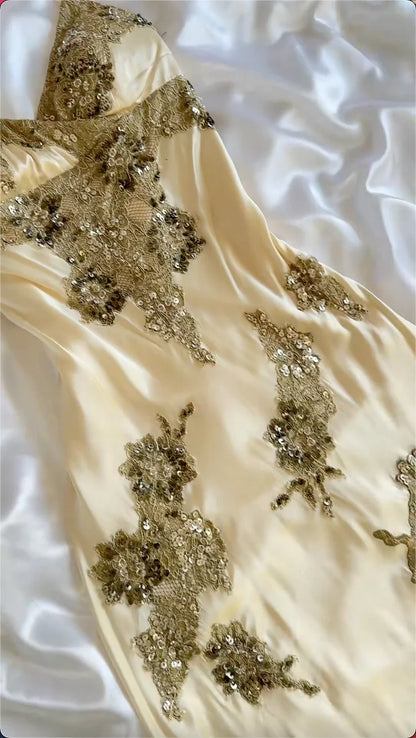 Champagne color gorgeous fashion exquisite beaded lace spaghetti strap long satin ball gown evening dress party dress gh3511