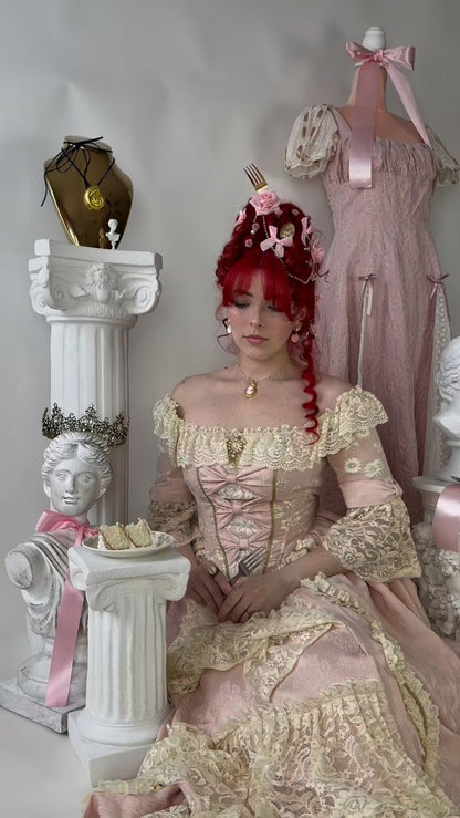 Pink Retro Sweet Fashion Exquisite Lace Square Neck Long Prom Dress Evening Dress Garden Party Dress  gh3785