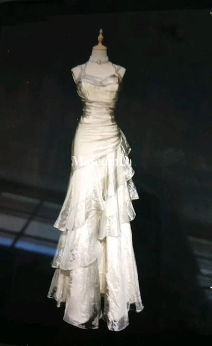 champagne Vintage Elegant Long Lace Ruffle prom dress Evening Dress gh3815