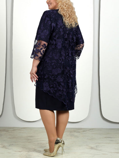 Round Neck Lace Solid Color Midi Dress