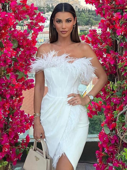 loveedsTM- Fashion Women's Strapless Off Shoulder High Waist Feathers Irregular Hems Wedding Party Dress Black White Mini Evening Dresses
