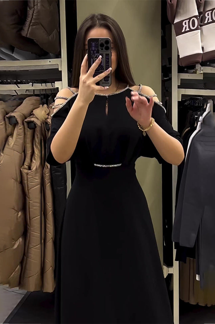 loveedsTM-Round Neck Short Sleeve Diamond Off Shoulder Dress