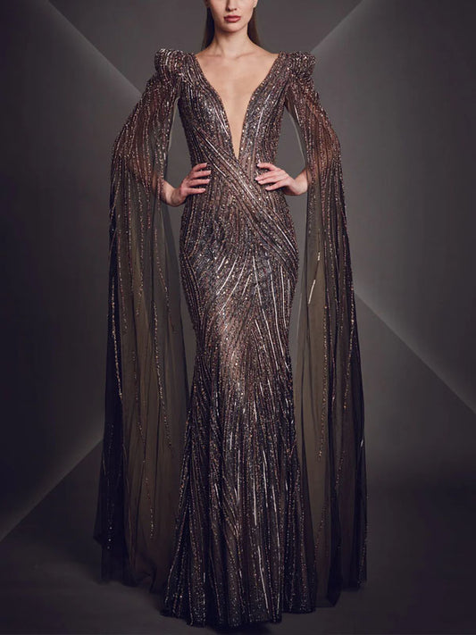 V-neck Sequins Solid Color Maxi Dress