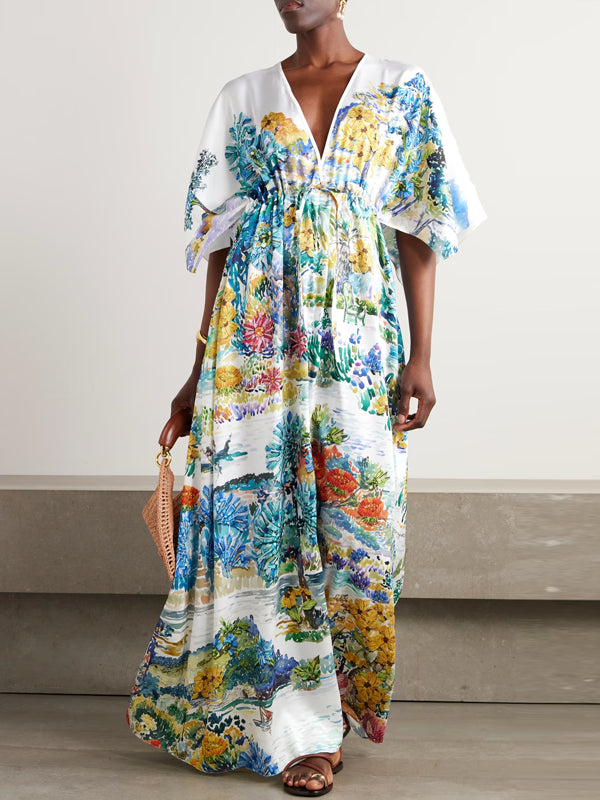 Floral-print Twill Kaftan Women's Dress