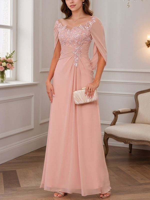 A-Line/Princess Illusion Scoop Appliques Ruched Mother of the Bride Dresses with Cape