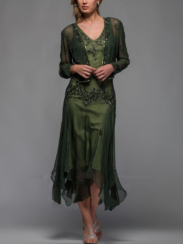 Chiffon V Neck Long Sleeve Top Dress Suit