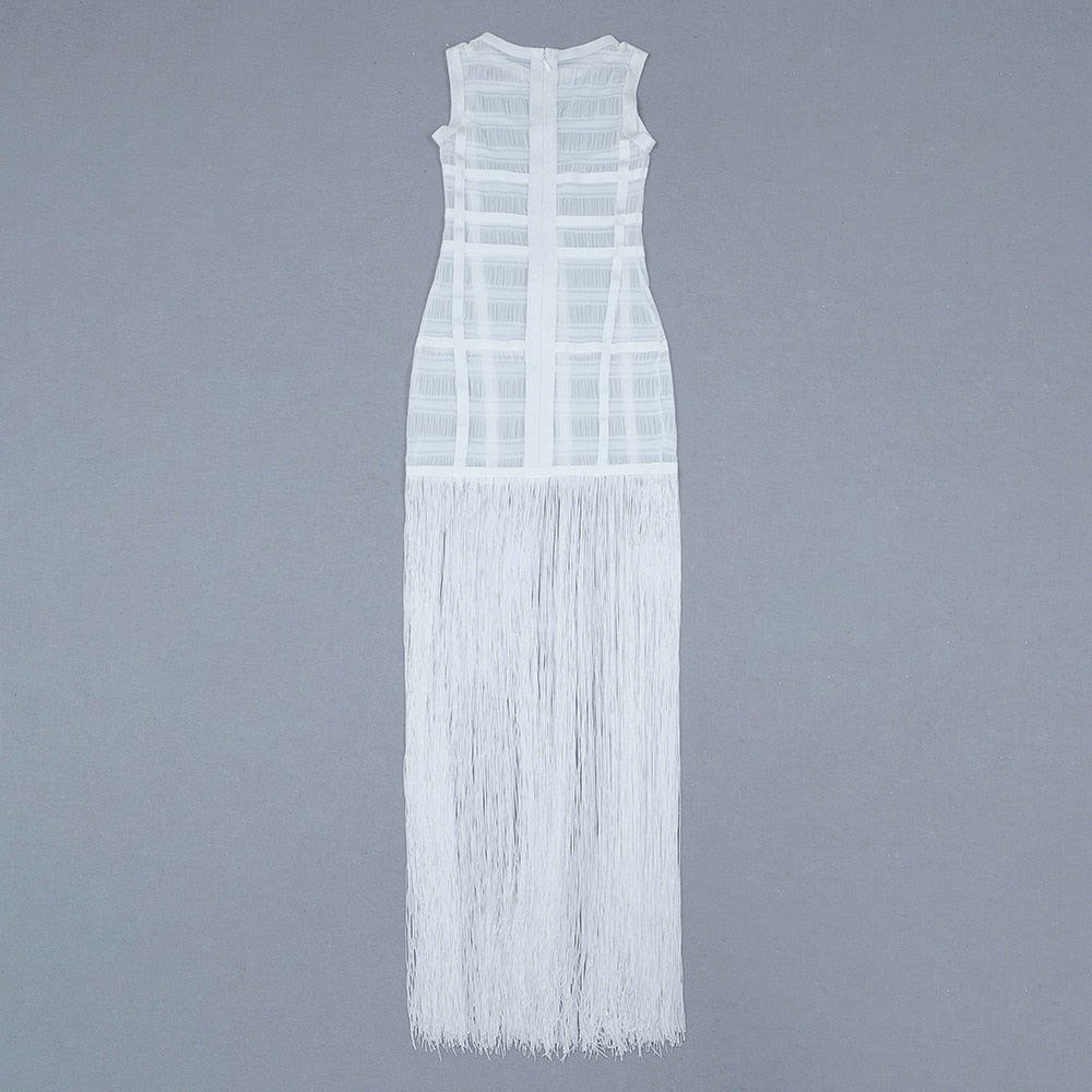 loveedsTM-Hollow Fringe White Sleeveless One-piece Dress Summer Party Gathering Dresses