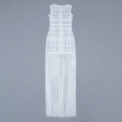 loveedsTM-Hollow Fringe White Sleeveless One-piece Dress Summer Party Gathering Dresses