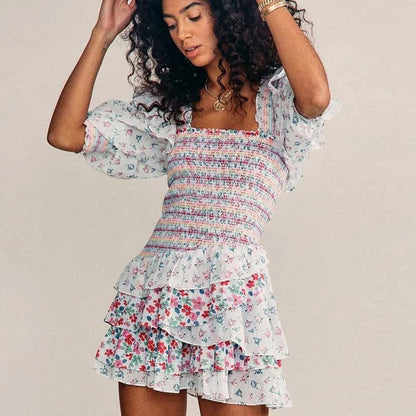 loveedsTM- 2024 Summer Mixed Floral Prints Ruffled Holiday Dress Square Neck Smocked Sexy Laides Dress Mini Dress