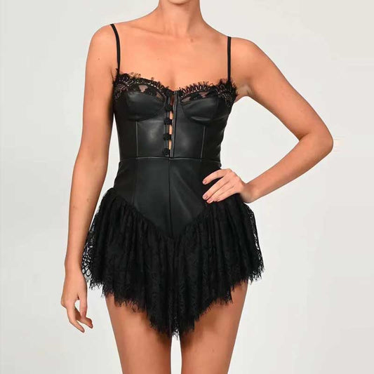 loveedsTM-Sexy black Lace Corset bodice Spaghetti Strap Mini Dress Women Backless Party Skater dress new hot women dress