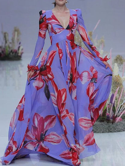 V-neck Chiffon Floral Catwalk Women's Dress