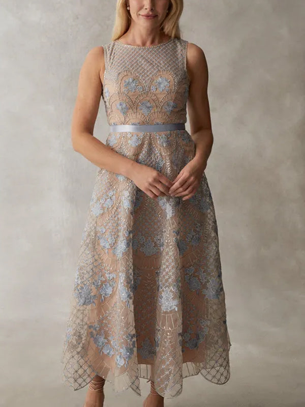 Crew Neck Sleeveless Printed Midi Dress