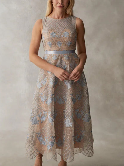 Crew Neck Sleeveless Printed Midi Dress