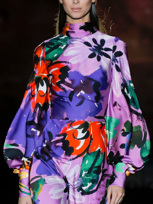 Ink-splashed Print Colorblock Long Sleeves Women's Dress