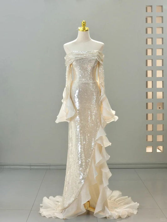 Elegant Sheath Long Sleeve Ivory Chiffon Ruffle Sequin Prom Dress Graduation Prom Dress SH2582