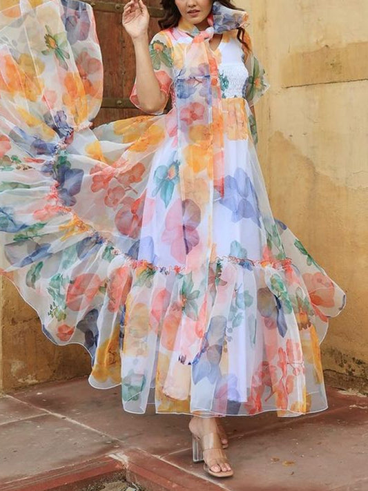 Elegant And Flowing Organza Print Women's Dress