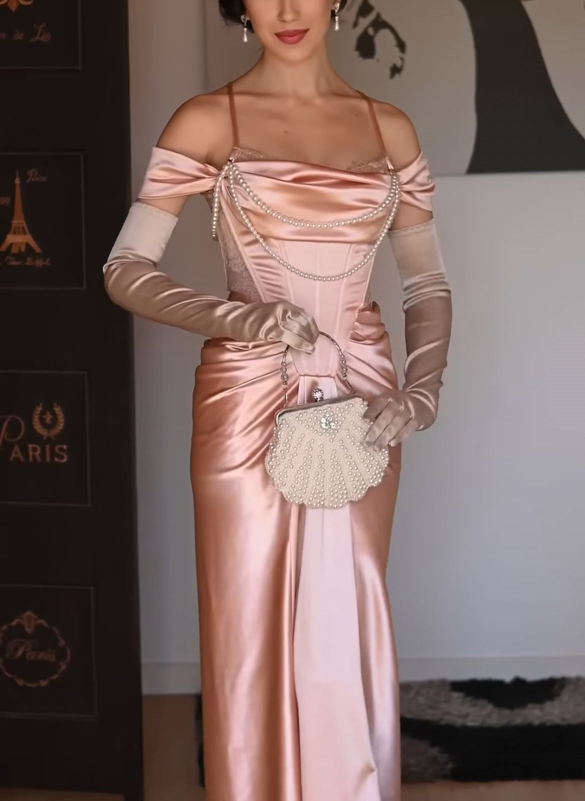 Pink vintage pearl beading long satin formal Prom dress evening dress party dress gh4899