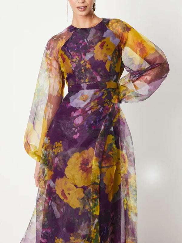 Organza Wrap Waist Puff Sleeve Midi Dress