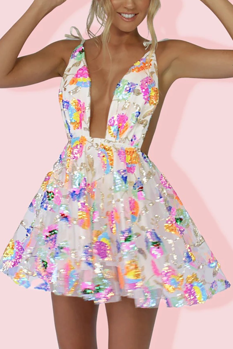 loveedsTM- Rainbow Sequin Open Back Slip Mini Dress