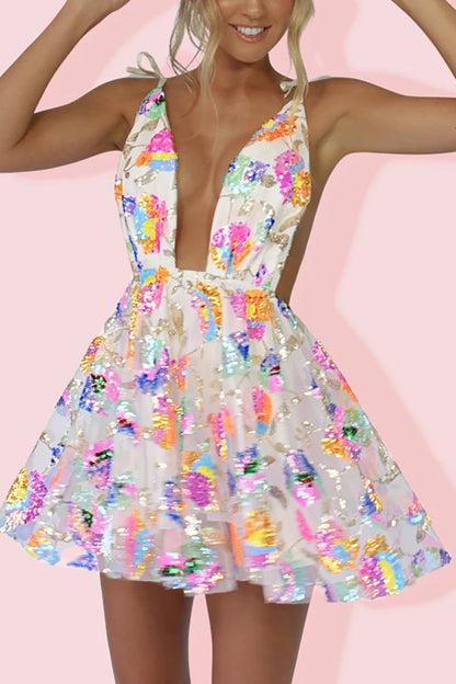 loveedsTM- Rainbow Sequin Open Back Slip Mini Dress