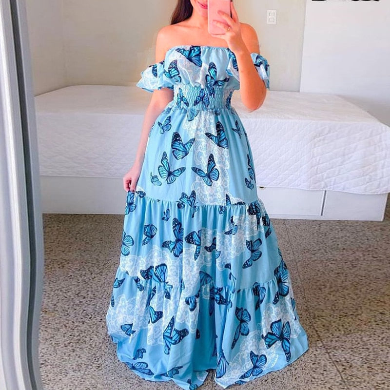 loveedsTM-Sexy Off The Shoulder Tube Top Dress Butterfly Rainbow Floral Print Dress Ladies Elegant Slim Summer Bohemian Party Maxi Dresses