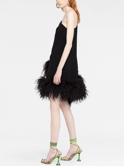 One Shoulder Solid Color Feather Mini Dress