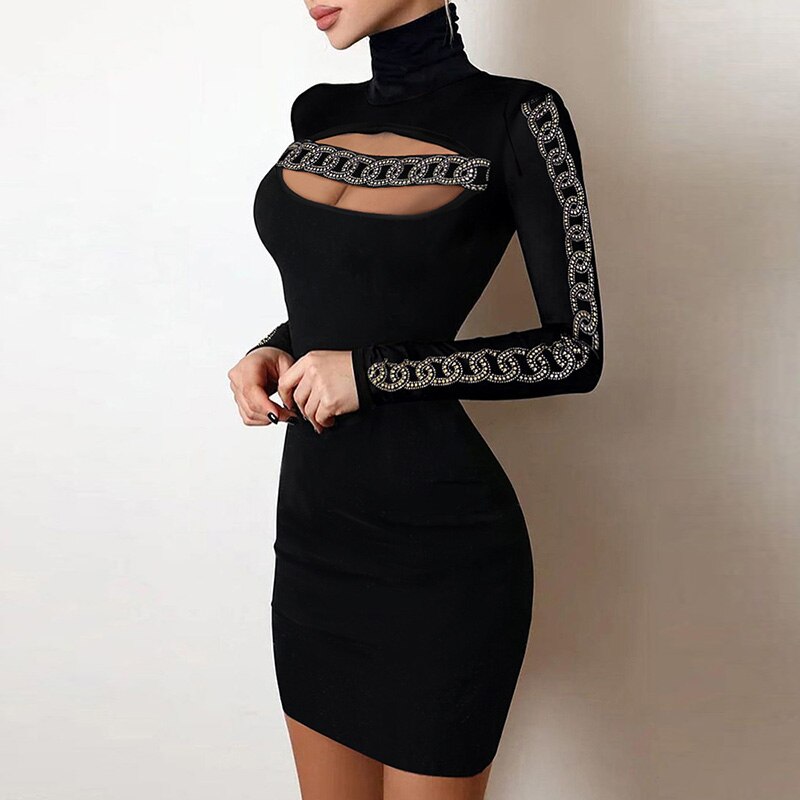 loveedsTM- Shiny Silk Turtleneck Bodycon Evening Dress Sexy Mesh Patchwork Long Sleeve A-line Dress Women Elegant Hollow Out Fashion Dress
